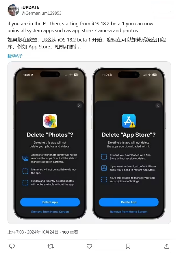 石棉苹果手机维修分享iOS 18.2 支持删除 App Store 应用商店 